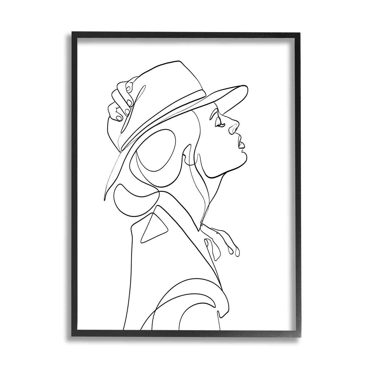 Stupell Industries Fluid Black Line Woman Modeling Hat Abstraction in Black Frame Wall Art
